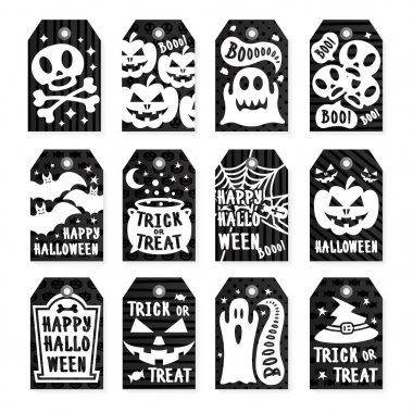 Mutlu Cadılar Bayramı Etiketler kafatası, kabak, örümcek, yarasa siyah zemin üzerine beyaz renk ayarla