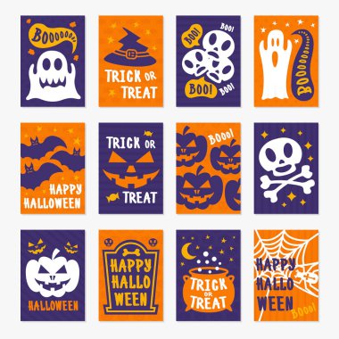 Mutlu Cadılar Bayramı tebrik kartları kafatası, kabak, örümcek, yarasa ile arka plan rengini ayarlama