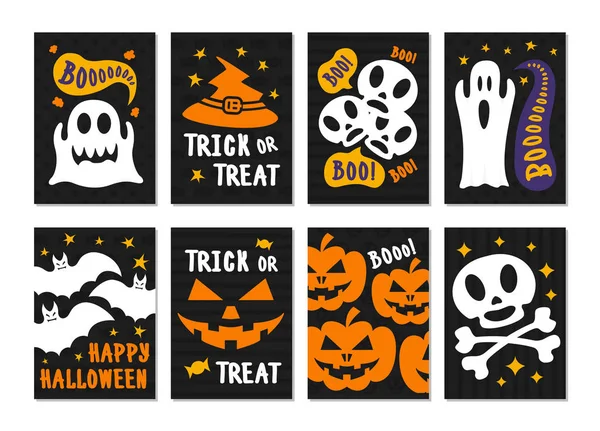 Mutlu Cadılar Bayramı kartları kafatası, kabak, yarasa, hayalet, şeker ile renk stilini ayarla