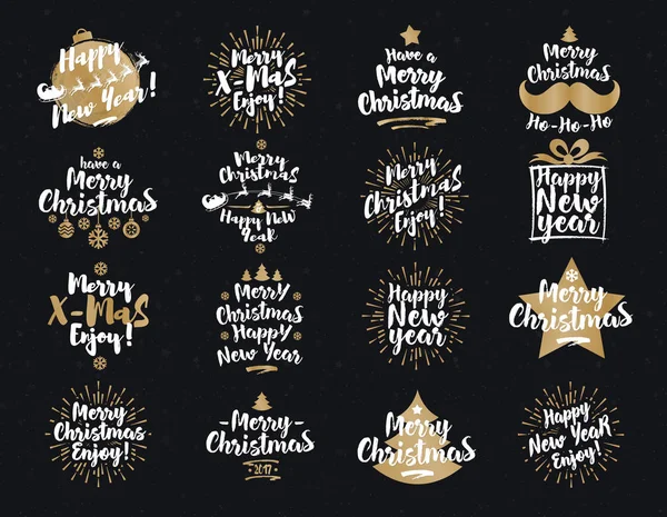 Los letreros de Navidad y Año Nuevo establecen el color oro blanco sobre fondo negro — Vector de stock