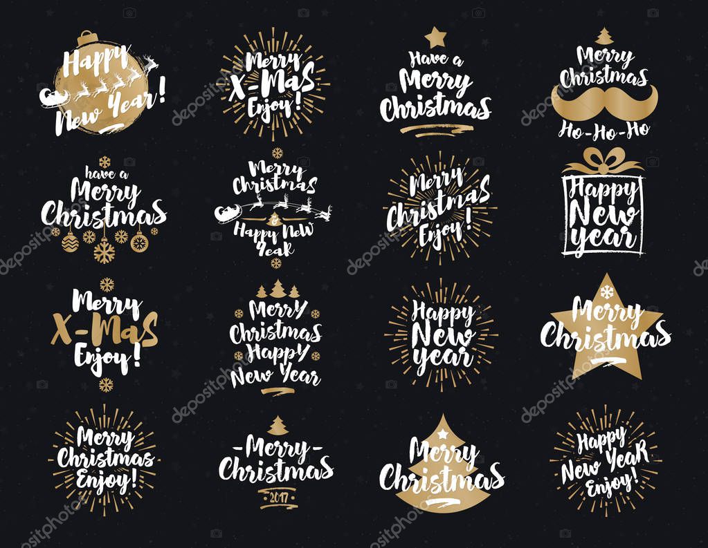 Christmas and New Years signs set white gold color on black background for greeting cards, gift tags, emblem, Christmas sale, product promotion, web design and marketing material. Vector Illustration