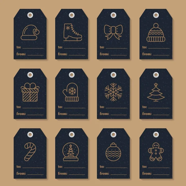 Etiquetas de Navidad conjunto con sombrero de santa, arco de nudo, regalo, mitón, copo de nieve, árbol, dulces — Vector de stock
