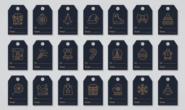 Noel Etiketler hediye, Noel Baba şapkası, yay düğüm, mitten, çan, kar tanesi altın stiliyle ayarla