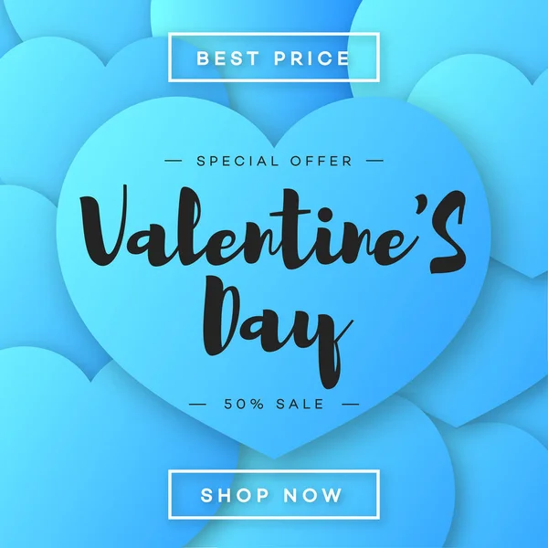 Venta de banner de día de San Valentín con oferta especial en corazones color azul de fondo — Vector de stock