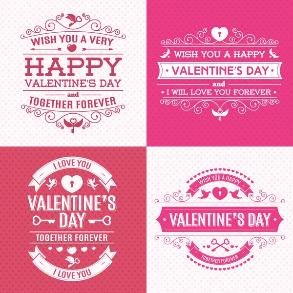 Valentinstag Grußkarte Set mit Typografie Emblem auf Herzen Hintergrund zum Verkauf Banner — Stockvektor