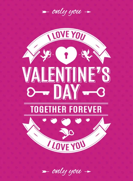 Valentijnsdag kaart met label typografie stijl en Cupido op hart roze achtergrondkleur — Stockvector