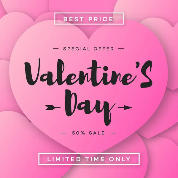 Venta de banner de San Valentín con oferta especial sobre fondo rosa corazones — Vector de stock