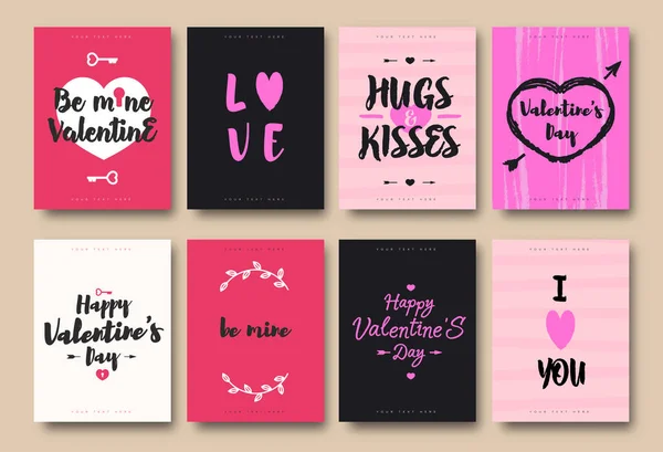 Valentines cartão de saudação definido com desejos e coração, chave, seta em fundo diferente —  Vetores de Stock