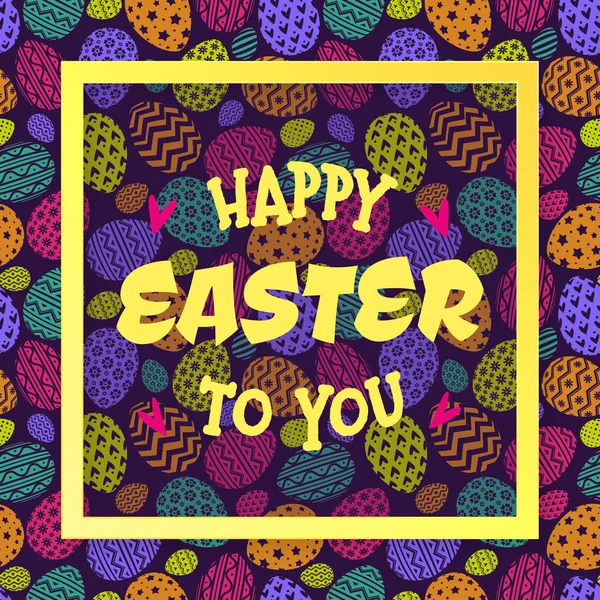 Feliz Páscoa para você cartão de saudação com ovos padrão colorido estilo e moldura amarela — Vetor de Stock