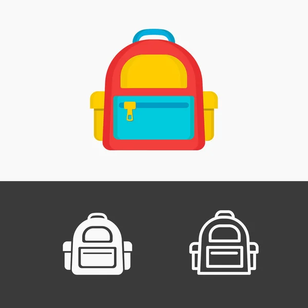 Набор иконки школьный рюкзак красочный, линия, белый стиль изолирован на заднем плане — стоковый вектор