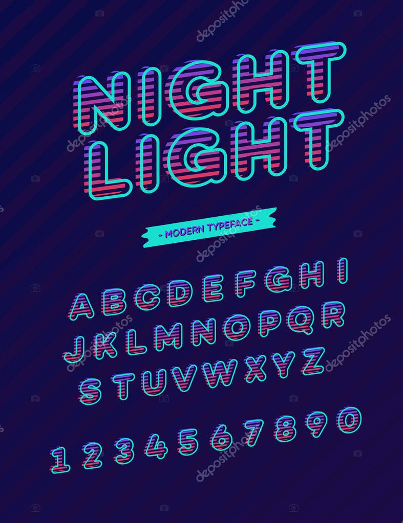 Vector night light font modern typography. Alphabet for promotion, banner, party poster, t shirt, kids book, logo, emblem, printing on fabric, greeting card, decoration, stamp, label, offer