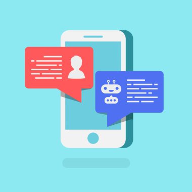 Sohbet bot kavramı 3d izometrik tarzı cep telefonunuzda sohbet için mavi arka plan ile