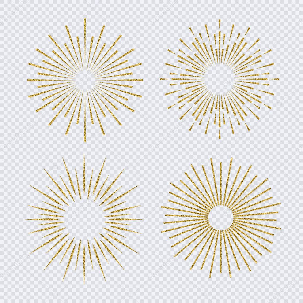 Sunburst set gold glitter style isolated on transparent background. Firework explosion, star, rays of light collection. Vector Illustration 10 eps