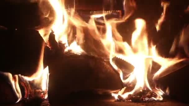 特写镜头的火焰和燃烧木头的烤炉的余烬. — 图库视频影像