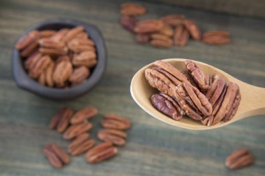 Ahşap bir masa - Carya illinoinensis pekan fındık