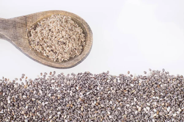 Seeds and chia flour - Salvia hispanica — Stock Photo, Image