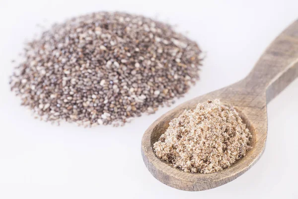 Seeds and chia flour - Salvia hispanica — Stock Photo, Image