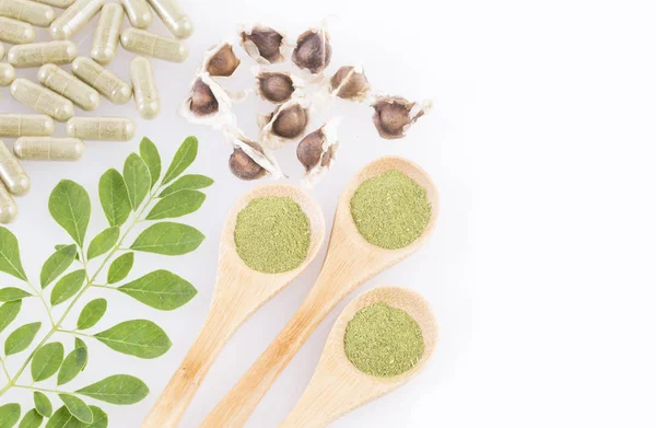 Verse Bladeren Poeder Capsules Moringa Zaden Moringa Oleifera — Stockfoto