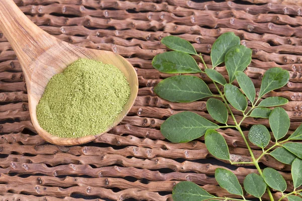 Tuoreet lehdet ja moringa-jauhe - Moringa oleifera — kuvapankkivalokuva