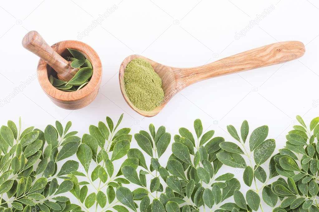 Moringa powder in wooden spoon with moringa fresh leaves