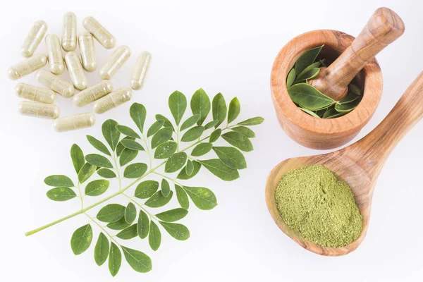 Moringa levelek, por és kapszula - Moringa oleifera — Stock Fotó