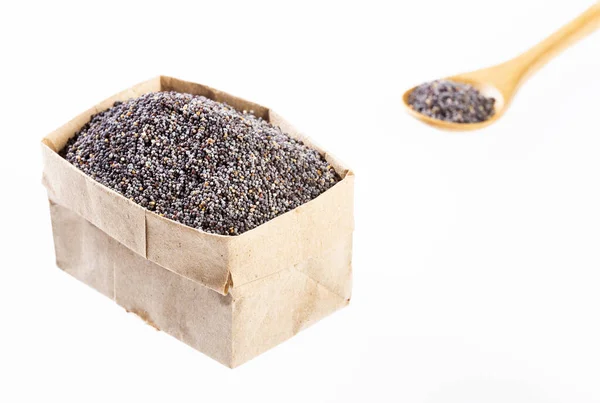 Papaver somniferum - organiczne nasiona maku w papierowej torbie — Zdjęcie stockowe
