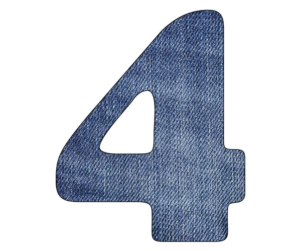 Número 4 - Detalhes da textura de jeans azul denim. Fundo branco — Fotografia de Stock