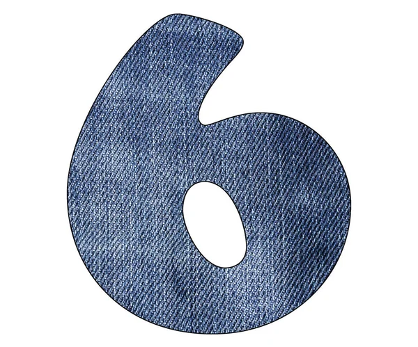 Número 6 - Detalhes da textura de jeans azul denim. Fundo branco — Fotografia de Stock