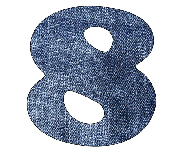 Número 8 - Detalhes da textura da calça jeans azul jeans. Fundo branco — Fotografia de Stock