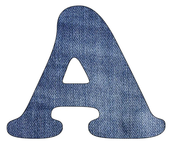 Letter A van het alfabet - Textuur details van denim blue jeans. Witte achtergrond — Stockfoto