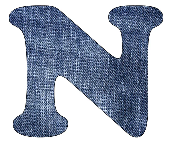 Letter N of the alphabet - Texture details of denim blue jeans. White background — Stock Photo, Image