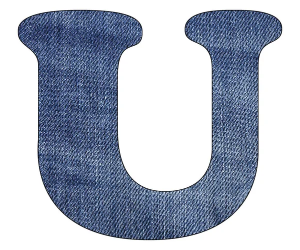 Bokstav U i alfabetet - Texturdetaljer i jeans i denimblått. Vit bakgrund — Stockfoto