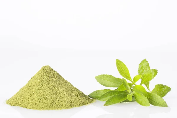 Stevia rebaudiana kasvin luonnollinen jauhemainen makeutusaine — kuvapankkivalokuva