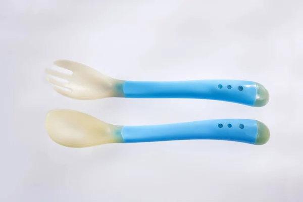 Silicone Cutlery Baby Feeding Text Space — Stock Photo, Image