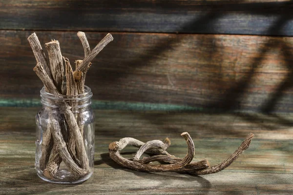 Dried Stems Medicinal Valerian Glass Jar Valeriana Officinalis — Stock Photo, Image