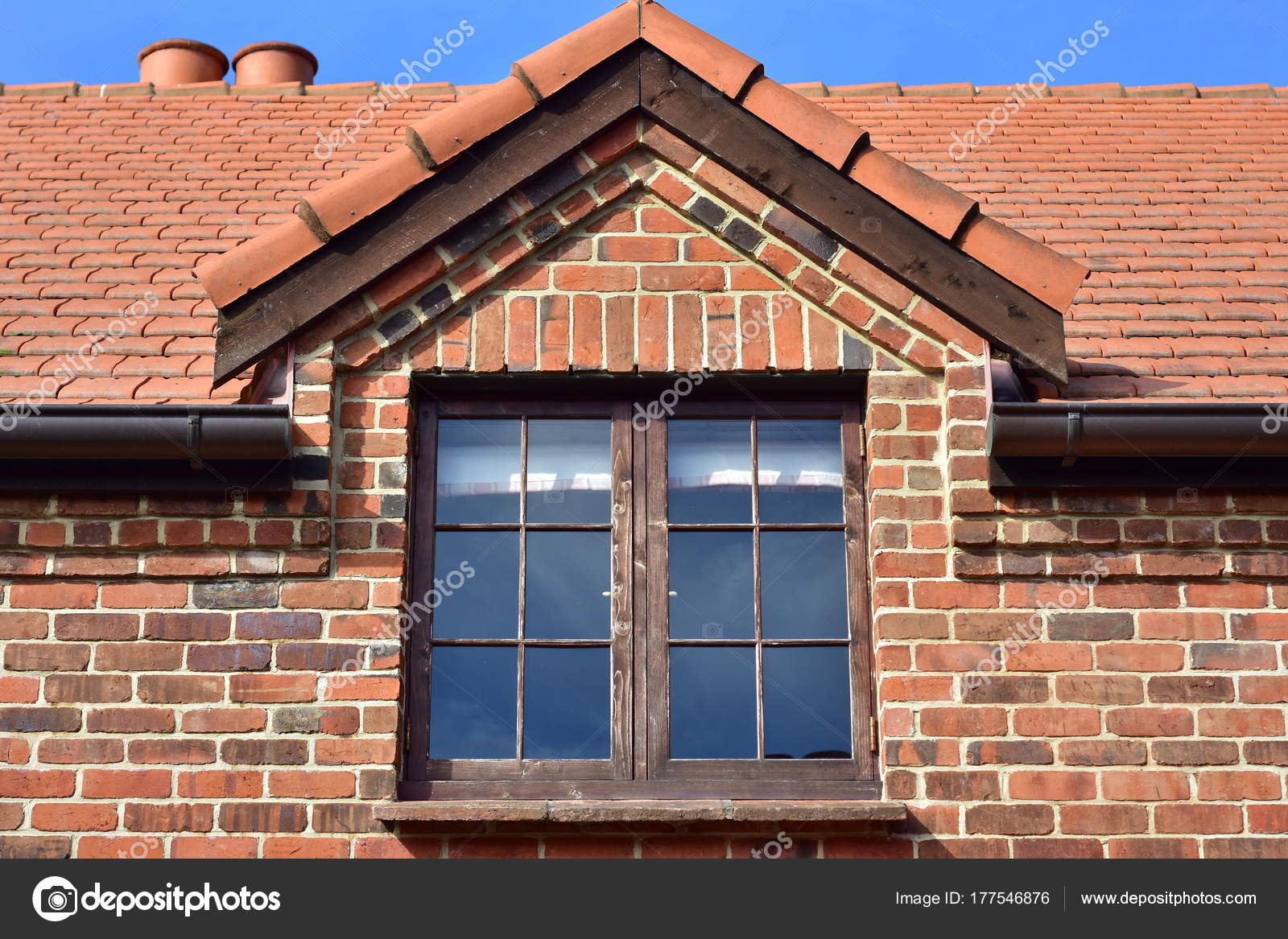 Dormer Window Dark Wooden Frame Red Brick Cottage Stock Photo