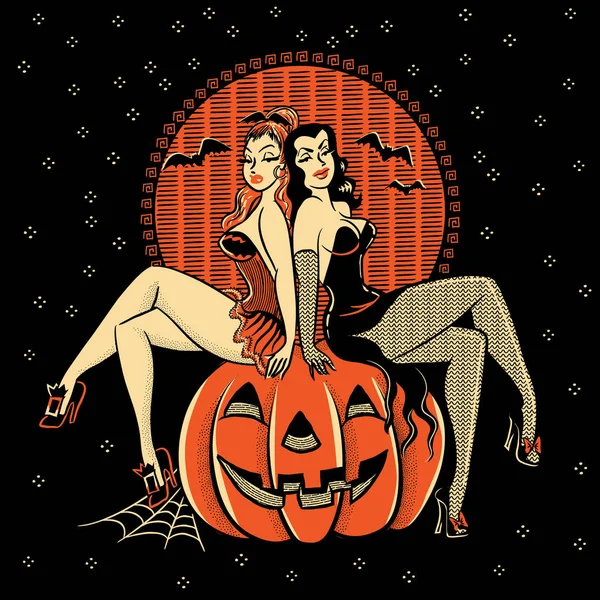 Halloween ghoulish glamour twins sitting on a carved pumpkin head. — Stock Vector