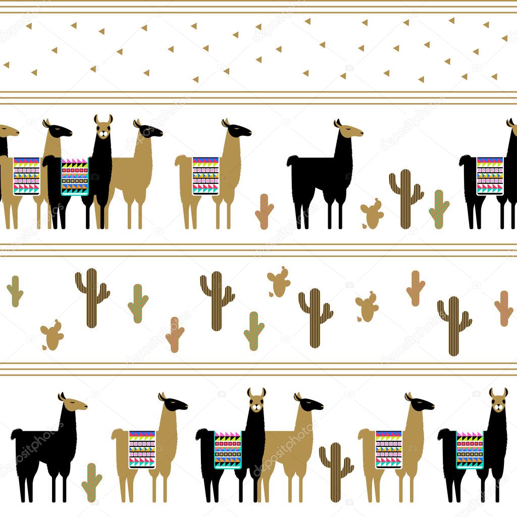 Seamless pattern with lamas and cactuses.