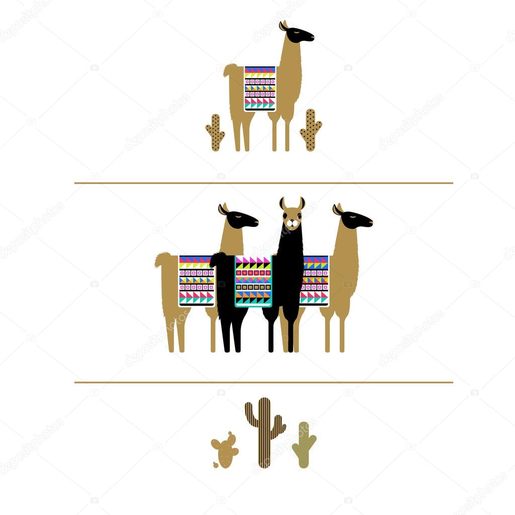 Set of characters for logos: a golden llama, three llamas with bright ornamented poncho, cactus. Logo elements, logo design, vector.
