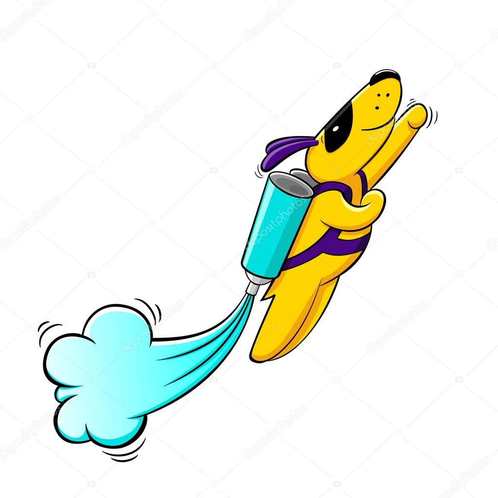 Super dog flying on balloons with paint. Vector logo, symbol, icon. Comics dog mask flying in Superman pose.Cartoon super dog. Yellow dog super hero