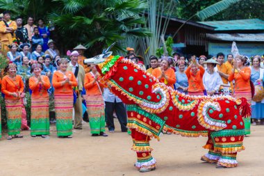 Shan veya Tai Yai Grubu (Myanmar ve Tayland bölgelerinde yaşayan etnik grup) kabile elbise Shan Yeni Yıl kutlamaları yerli dans yapmak.