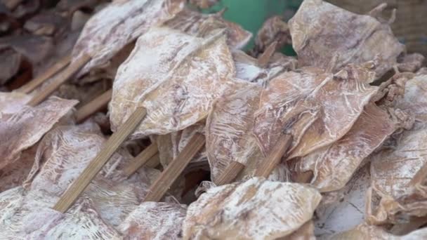 Asian Street Food Dried Squid Sun Dried Seafood Night Market — Stock Video