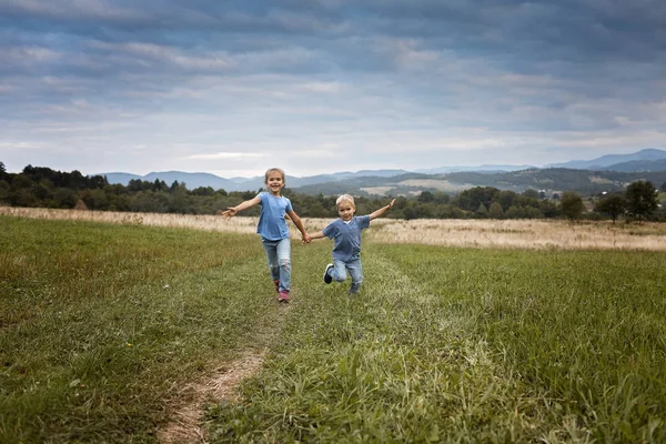 Милая девушка с братом бегают вместе на красивом лугу — стоковое фото