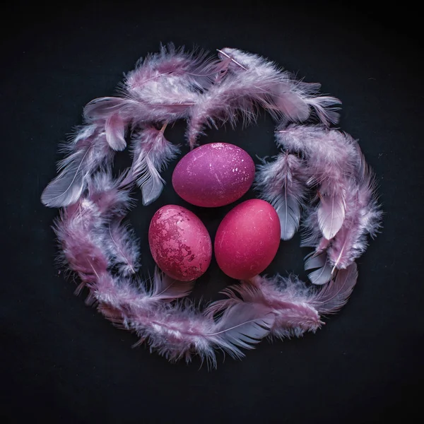Alternative composition de Pâques dans un style sombre avec des œufs, plume — Photo