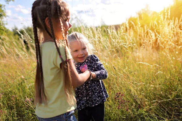 Bambini che si divertono e si abbracciano nell'erba verde con fiori, dorati — Foto Stock