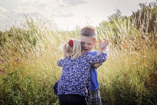 Niños divirtiéndose y abrazos en la hierba verde con flores, dorado —  Fotos de Stock