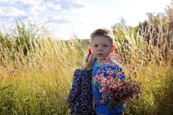 Kinder haben Spaß und Umarmungen im grünen Gras mit Blumen, golden — Stockfoto