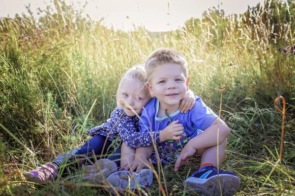 Niños divirtiéndose y abrazos en la hierba verde con flores, dorado — Foto de Stock