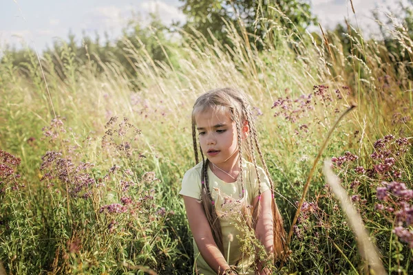 Kinder haben Spaß im grünen Gras mit Blumen auf der Wiese, g — Stockfoto