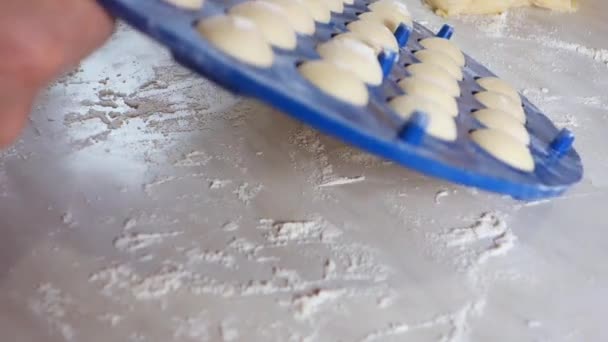 Dumplings får tillräckligt med sömn på bordet. En kvinna skulpterar dumplings med hjälp av en speciell anordning. Kokning hemmagjorda dumplings. — Stockvideo